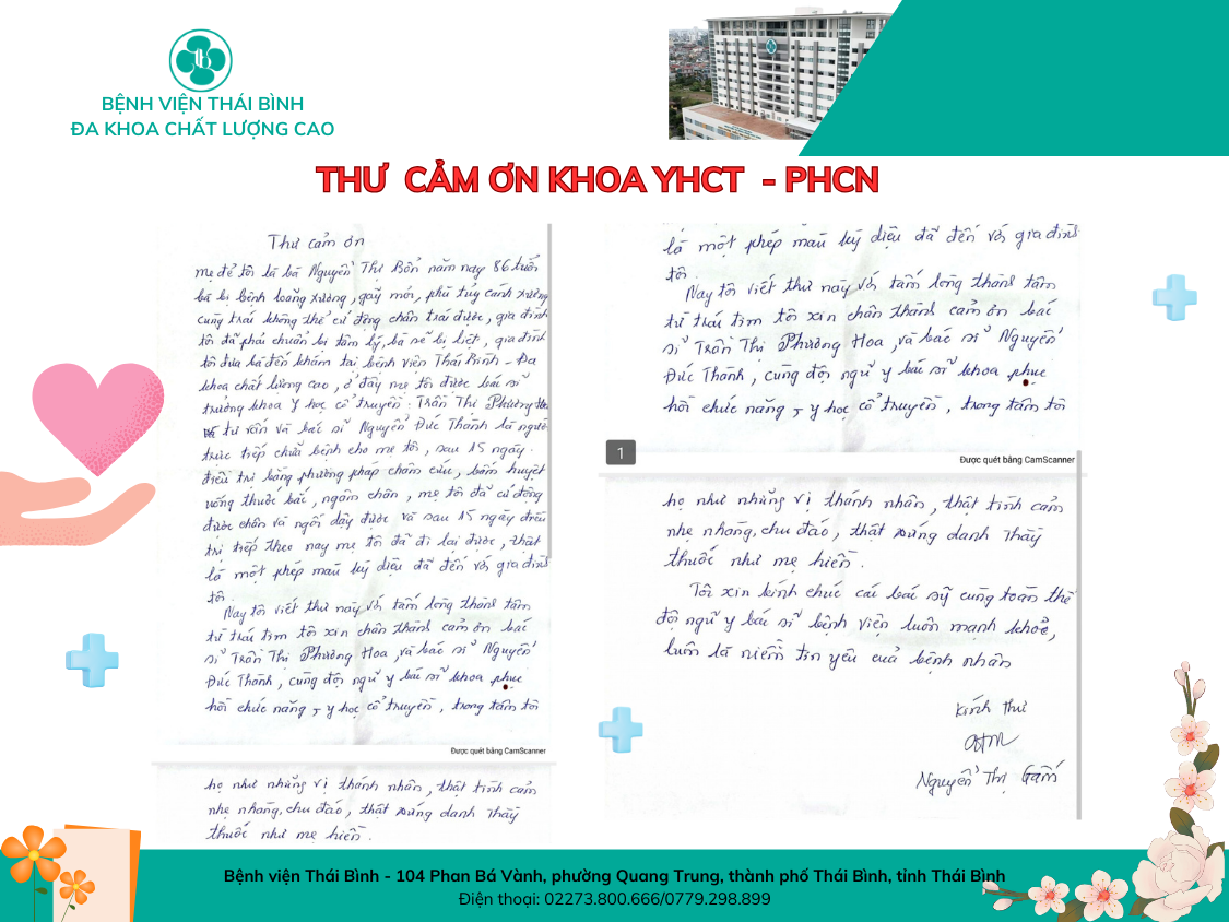 Thư cảm ơn Khoa YHCT- Bệnh viện Thái Bình