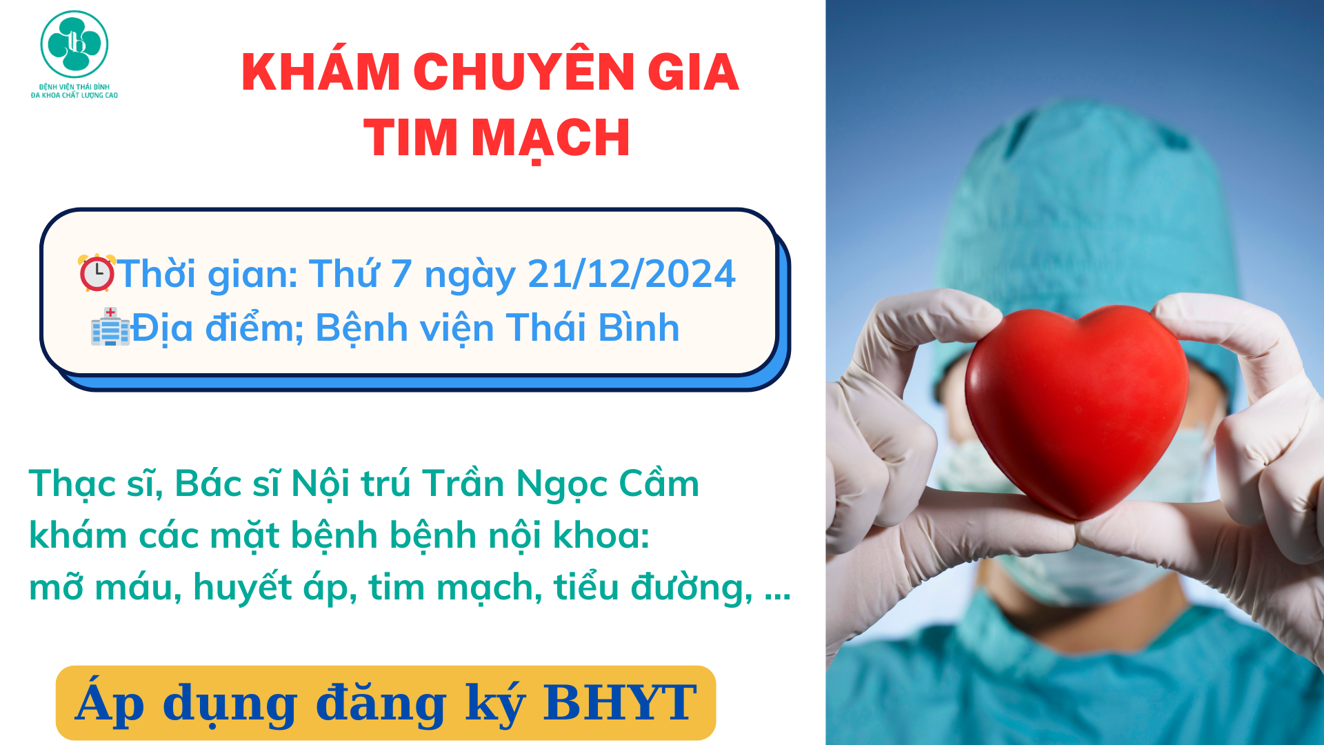 LỊCH KHÁM CHUYÊN GIA THÁNG 12 TẠI BỆNH VIỆN THÁI BÌNH